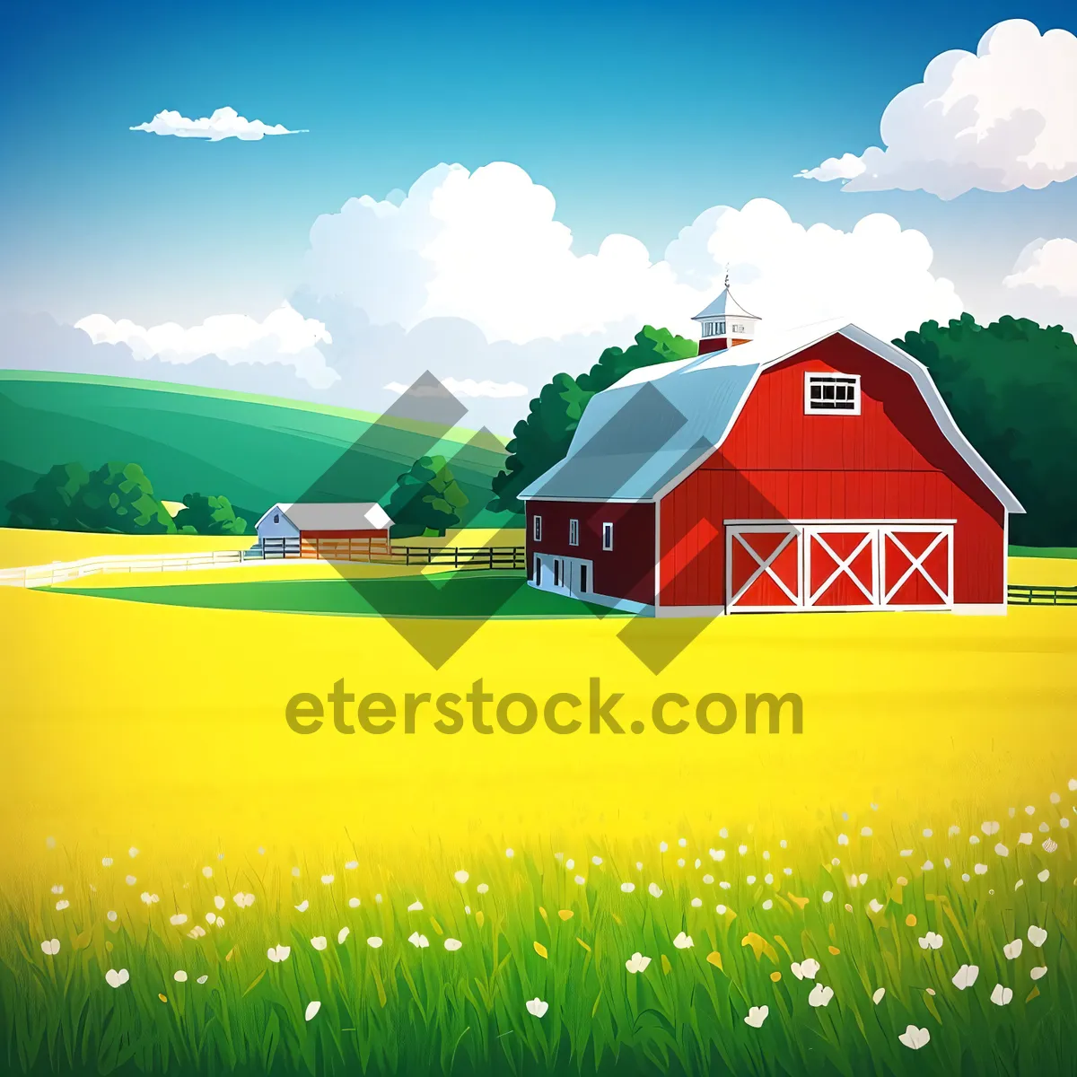 Picture of Idyllic Countryside Meadow with Charming Barn