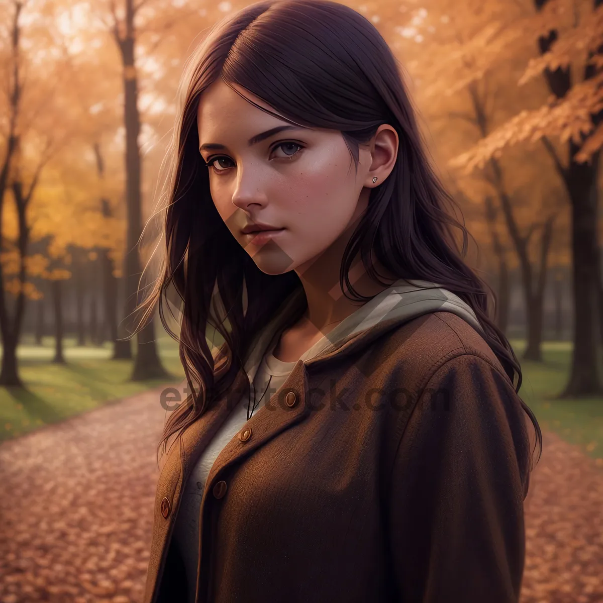 Picture of Happy Smiling Brunette Lady in Fashionable Robe at the Park