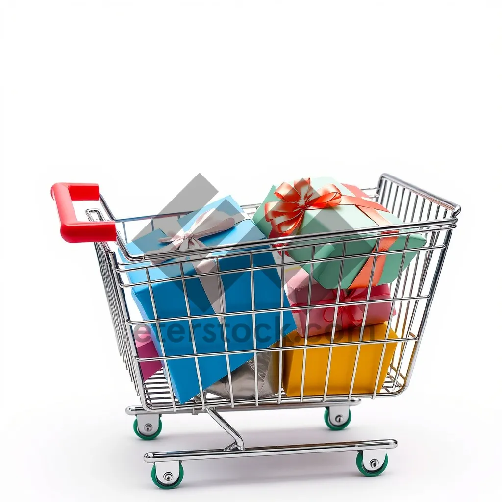 Picture of Shopping Cart in Empty Supermarket Aisle