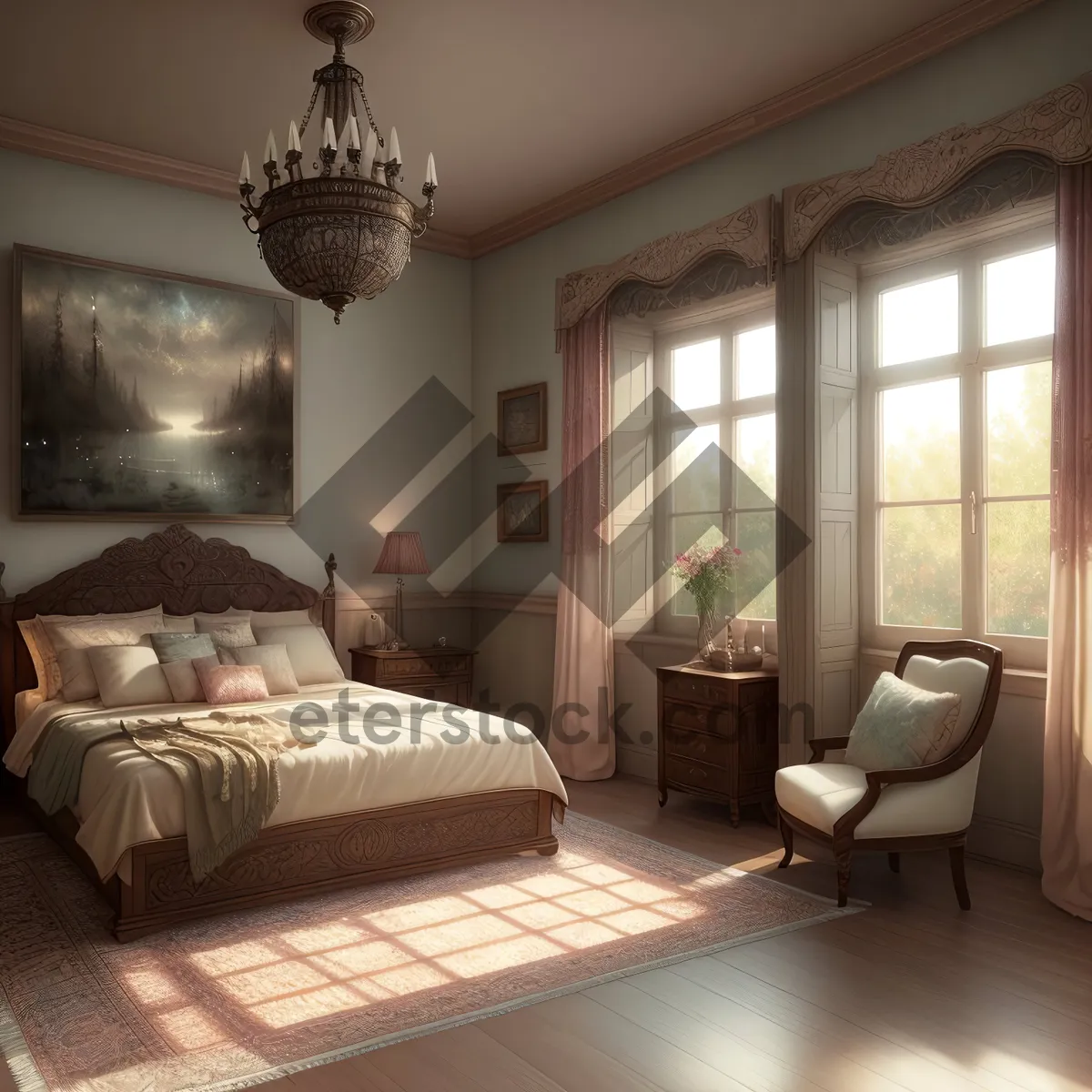 Picture of Modern Cozy Bedroom with Elegant Furniture and Luxurious Décor