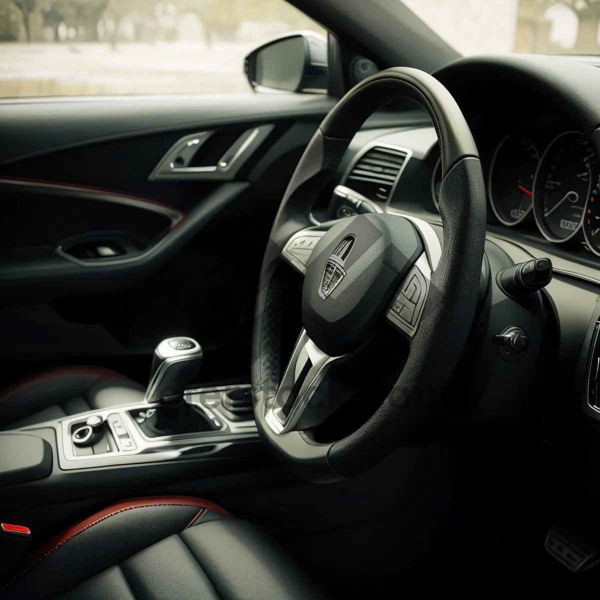 Picture of Modern Car Dashboard with Steering Wheel and Speedometer