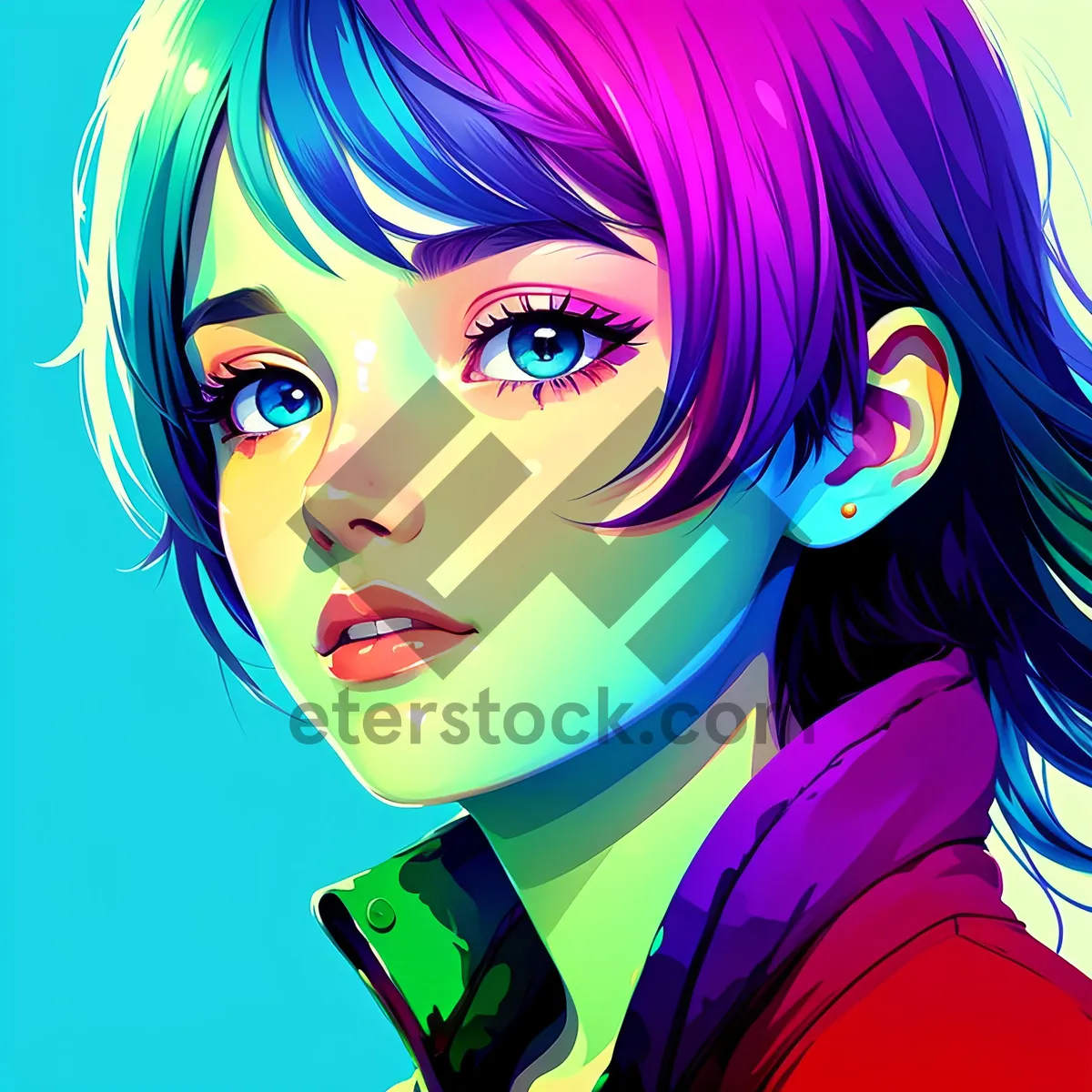 Picture of Stylish Cartoon Face with Vibrant Hair and Makeup