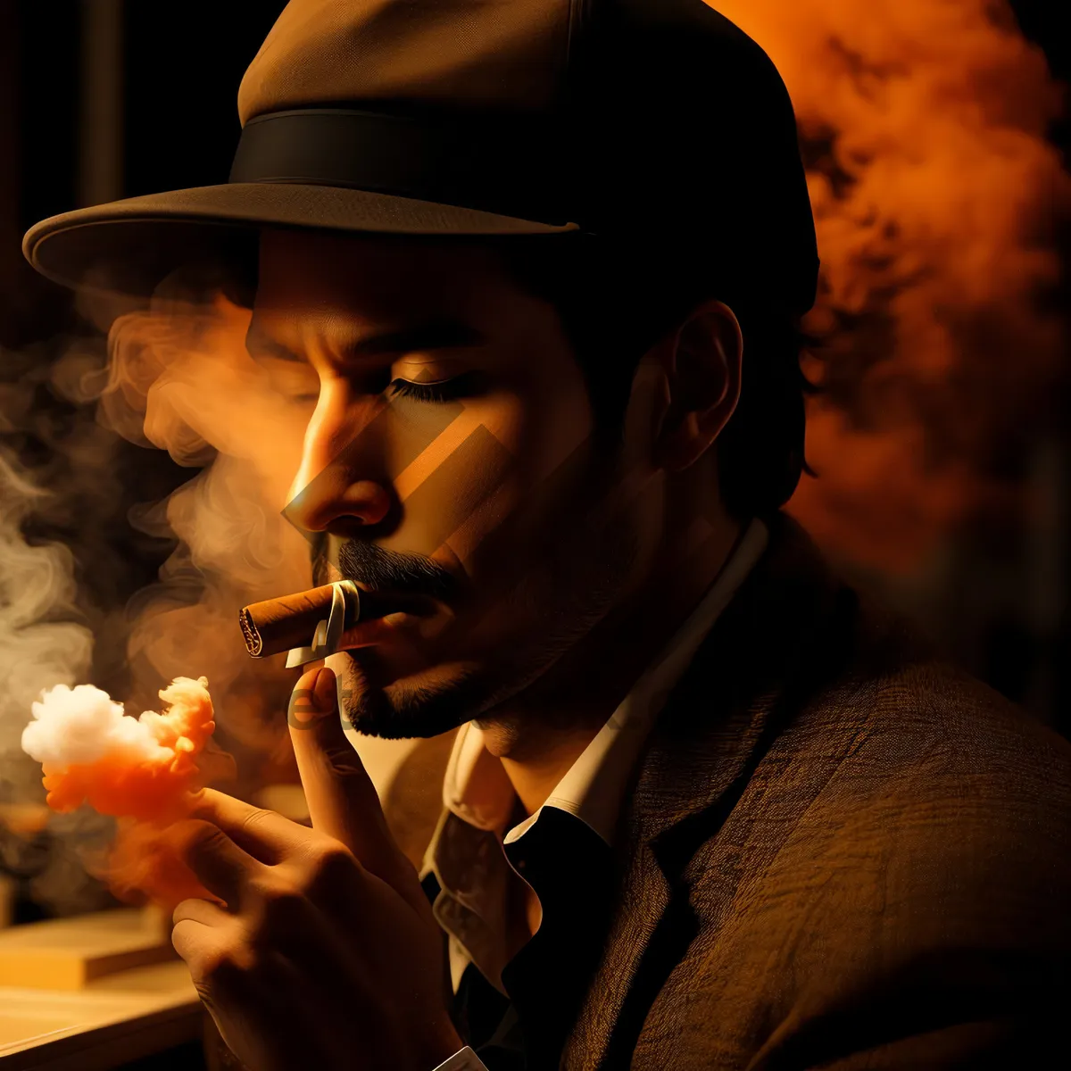 Picture of Attractive person in black cowboy hat smoking cigarette portrait