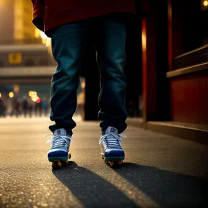 Street Skating with Protective Knee Pad"
(Note: This text is a descriptive name for an image, based on the provided tags.)