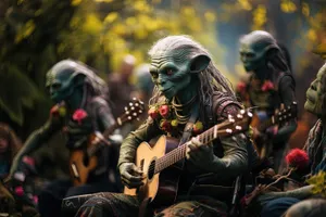 Male soldier playing flute with protective mask.