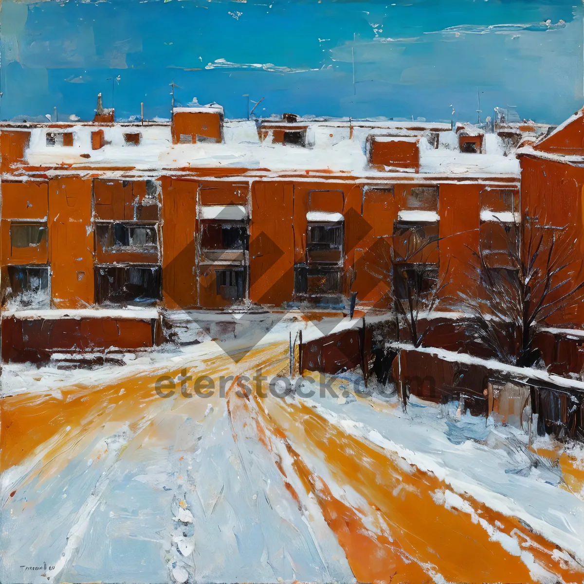 Picture of Winter cityscape with old buildings and snow-covered streets.