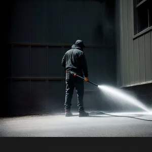 Active male hockey player with stick, cleaning the ice.