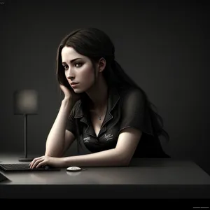 Pretty brunette businesswoman with laptop in studio