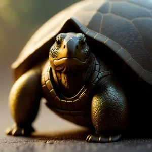 Slow-moving turtle cautiously exploring desert terrain.