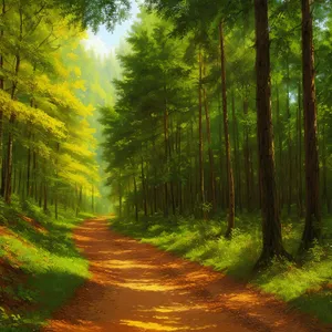 Serene Forest Pathway under Sunlit Canopy