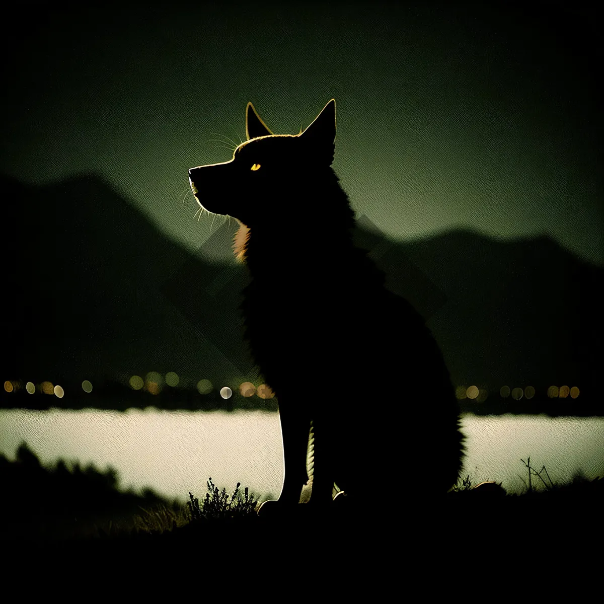 Picture of Silhouette of Black Shepherd Dog at Sunset