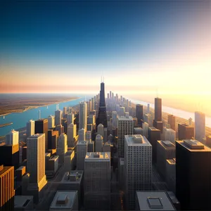 Cityscape at Sunset: Modern Skyscrapers Reflecting on the River