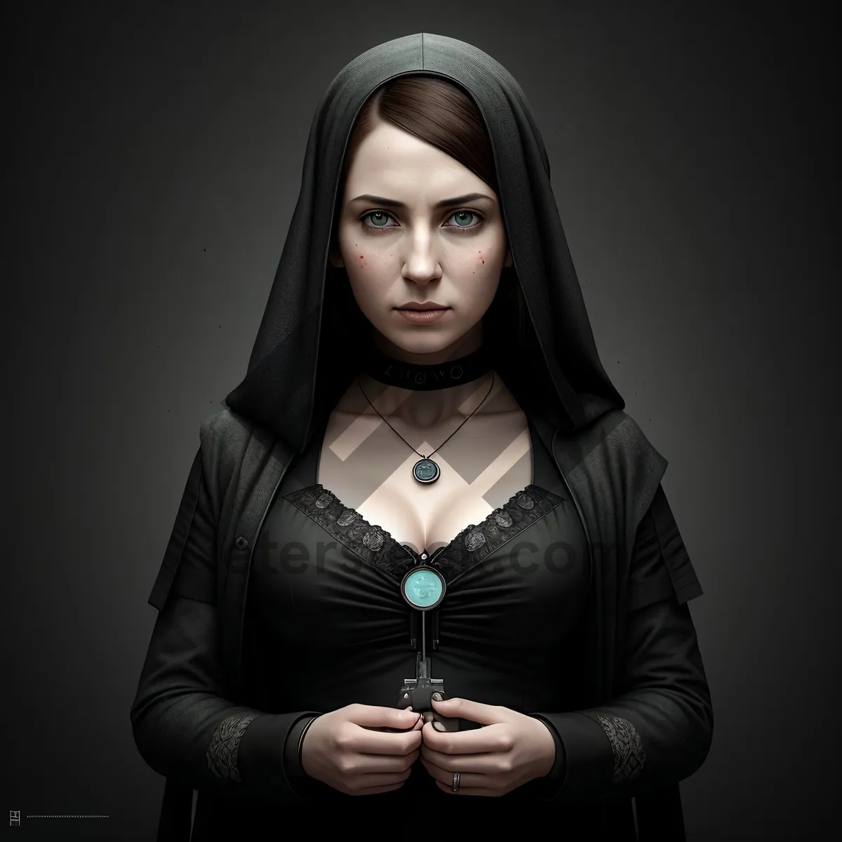 Picture of Stunning smirking sorceress in black robe