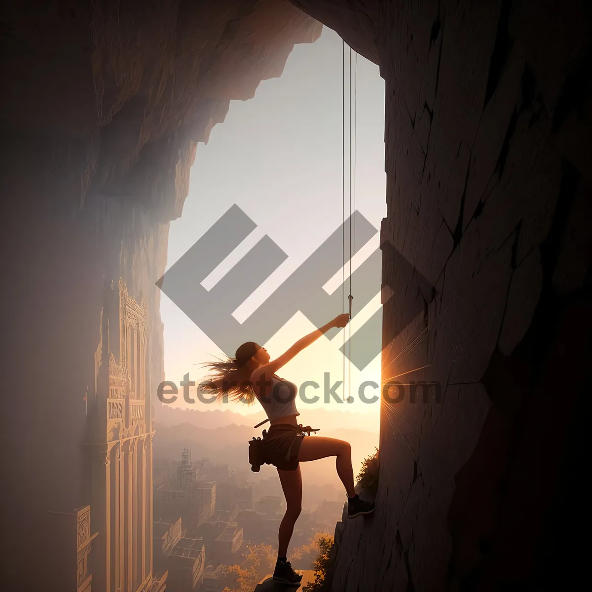 Picture of Adventurous Climber Conquering Cave's Cliff with Rope