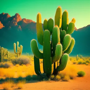 Colorful Desert Landscape with Saguaro Cactus and Sunset