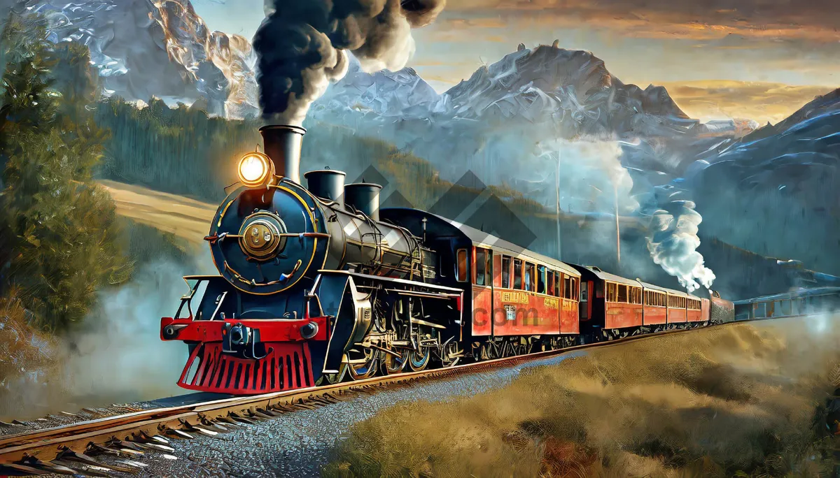 Picture of Vintage steam locomotive on railway track transport station.