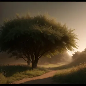 Sunset Over Serene Countryside with Majestic Trees