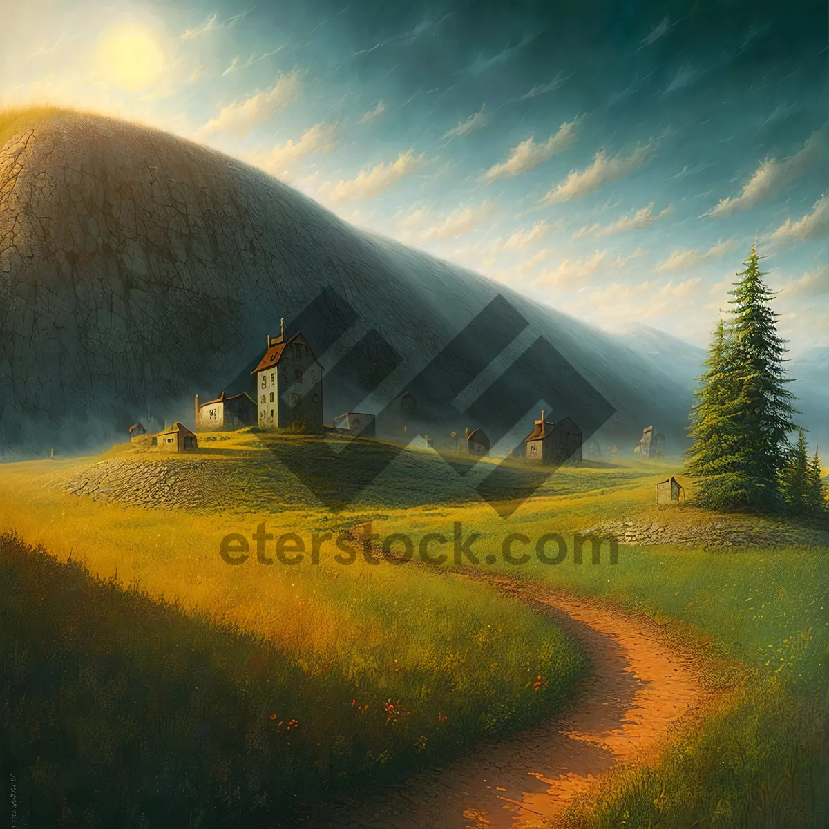 Picture of Serene Mountain Meadow with Sprinkler at Sunset