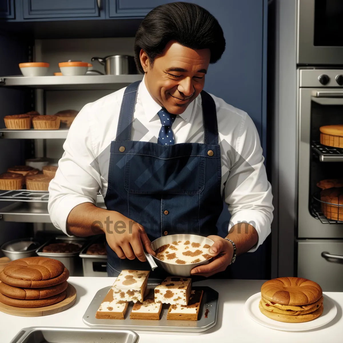 Picture of Happy male waiter serving food in restaurant business.