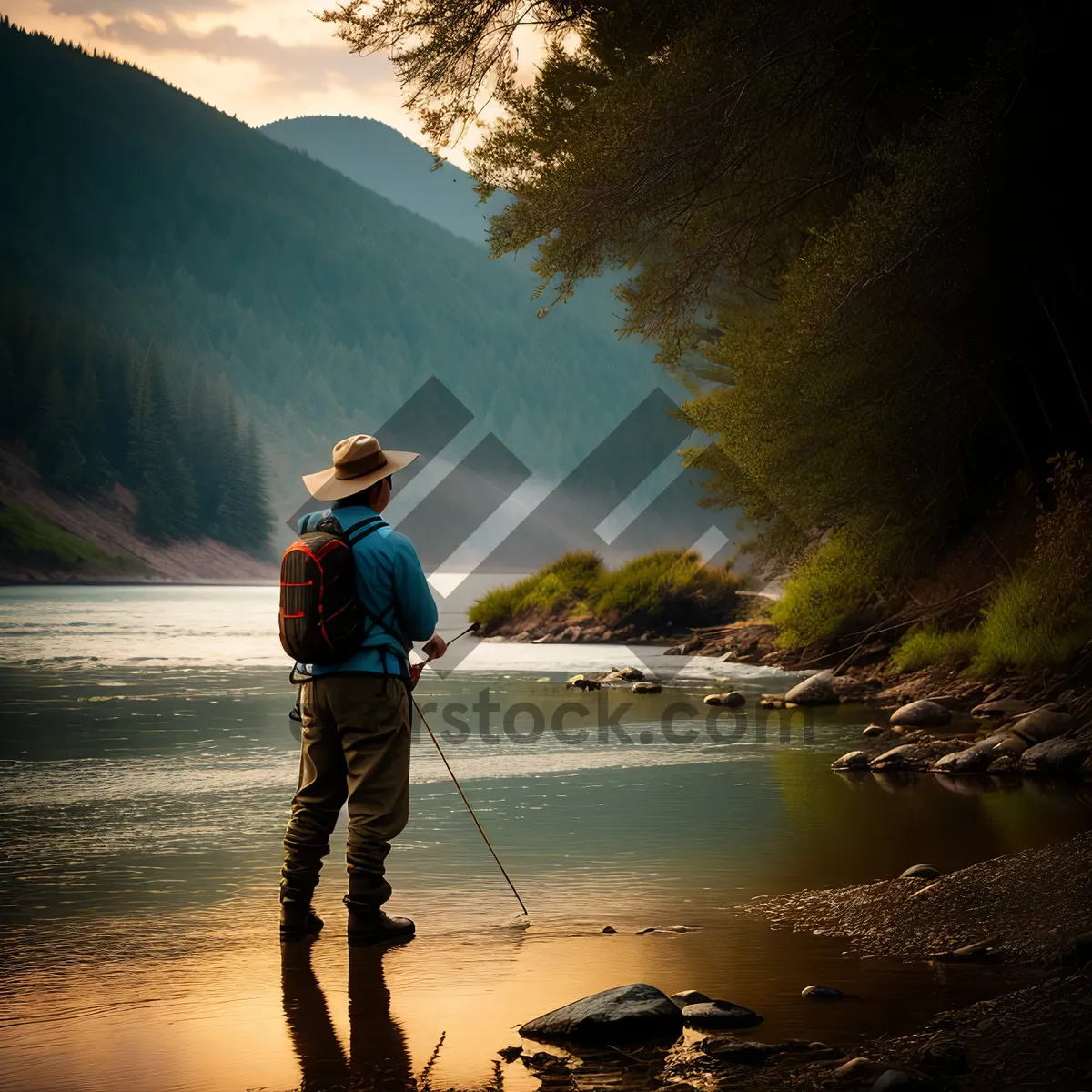 Picture of Serene Fisherman at Lakeside Sunset