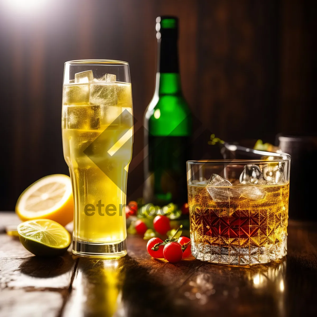 Picture of Golden wineglass on bar counter, celebration cheers