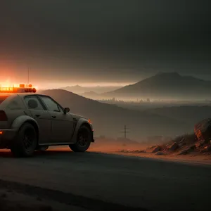 Speeding Sunset Drive on Desert Highway