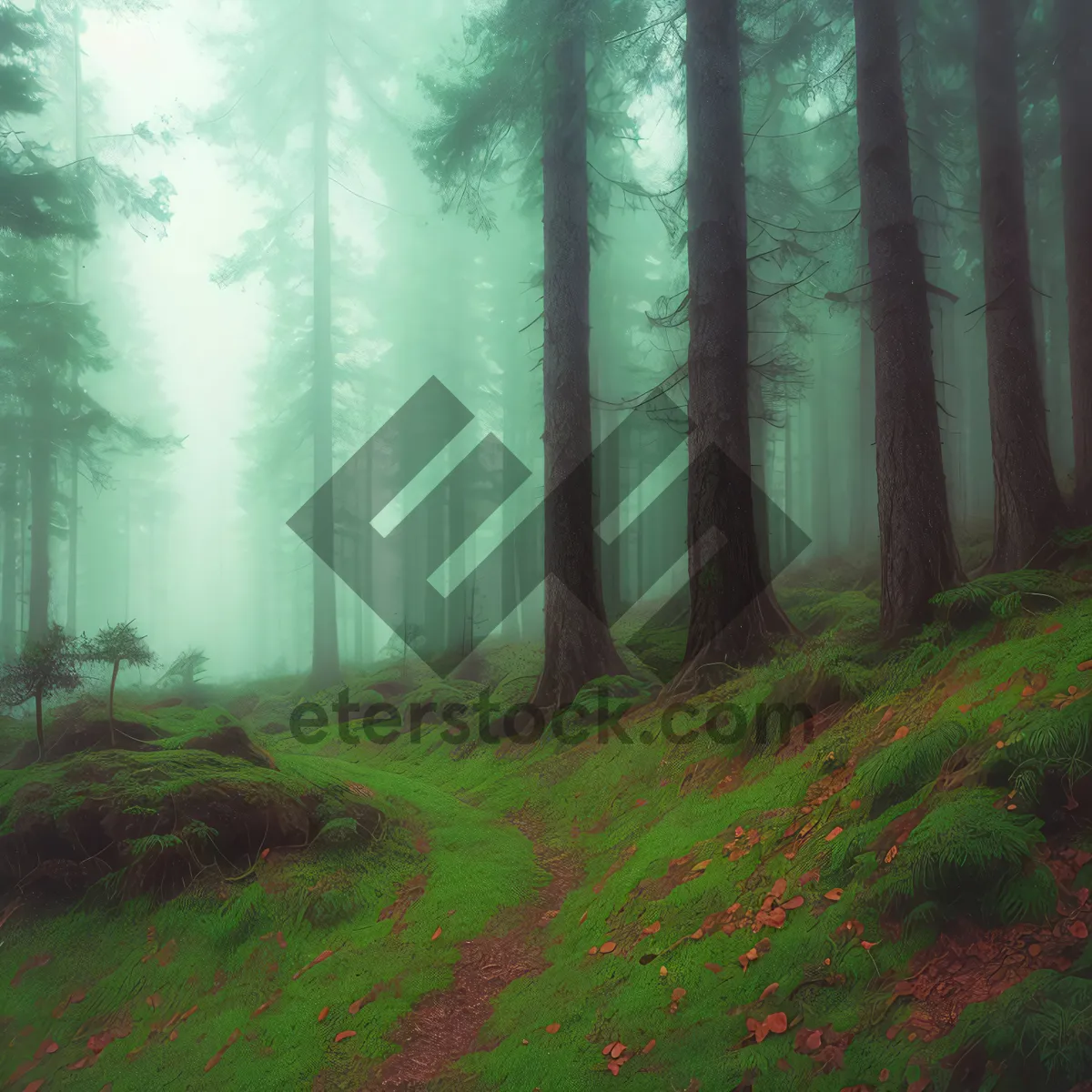 Picture of Serene Fall Foliage: A Misty Morning Path Through Sunlit Woods