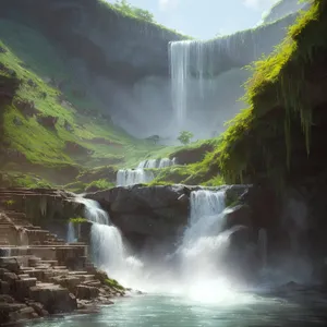 Serene Mountain Waterfall amidst Lush Greenery