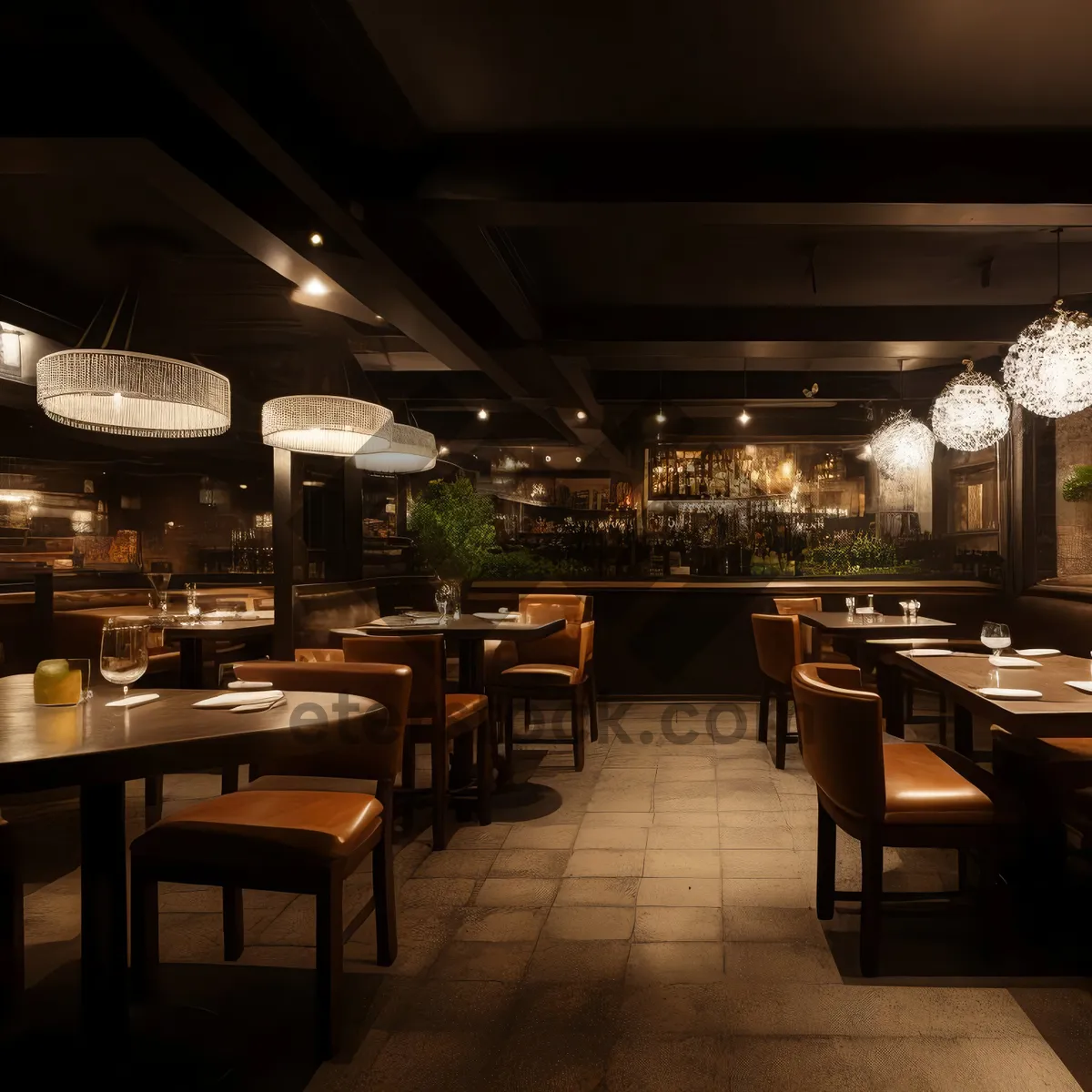 Picture of Modern restaurant interior design with wooden furniture and contemporary decor