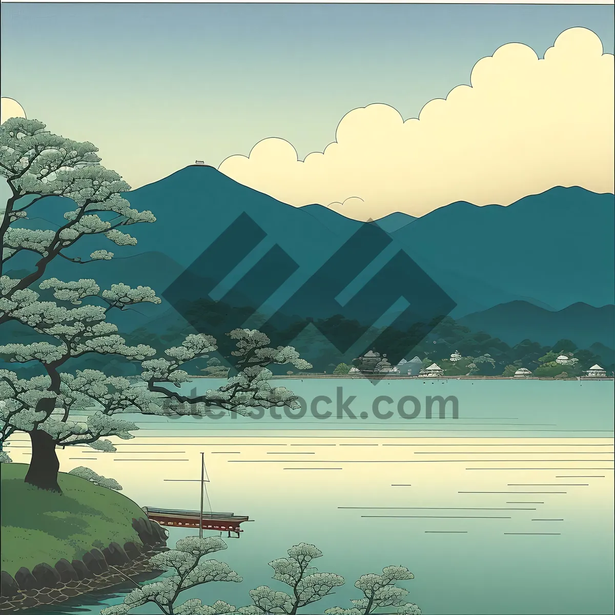 Picture of Seaside Serenity: Captivating Lakeside Landscape with Mountain Majesty