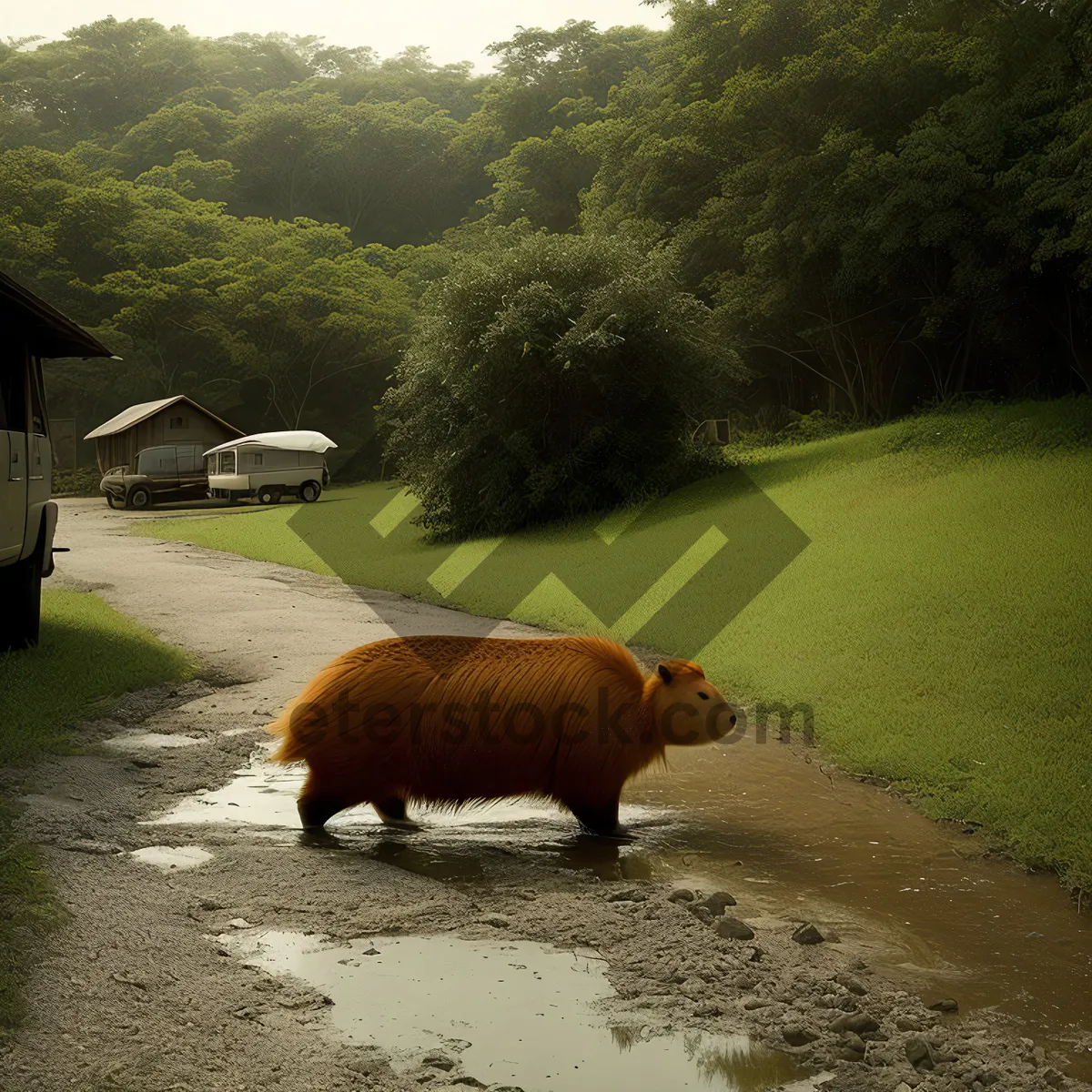 Picture of Wild Boar Grazing in Rural Pasture