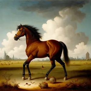 Thoroughbred stallion galloping in rural pasture