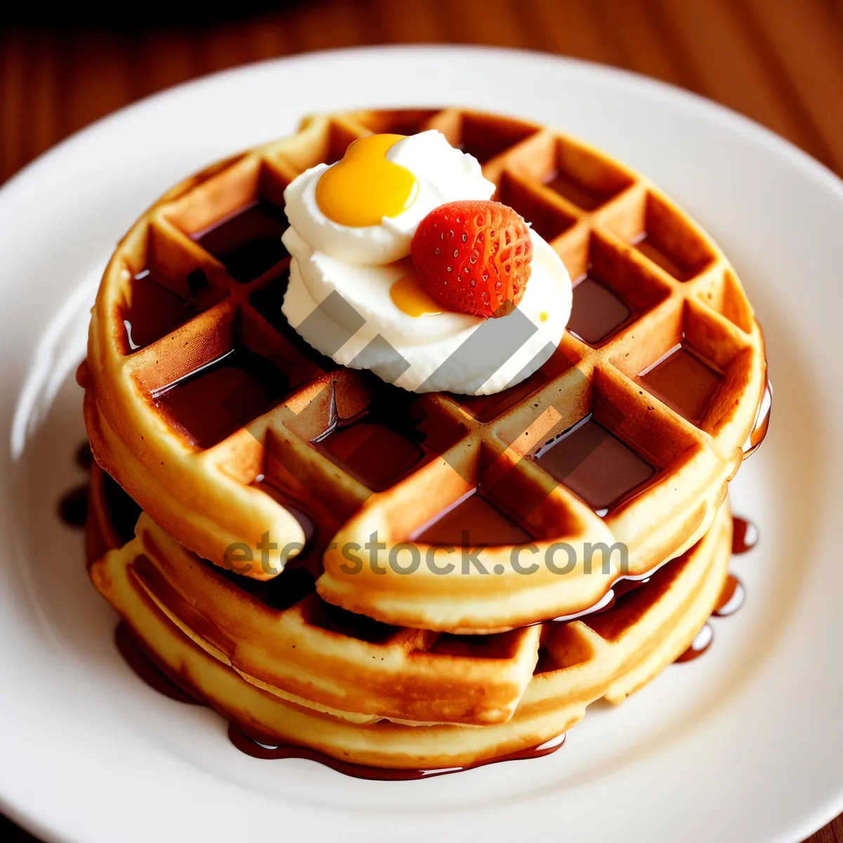 Picture of Delicious Breakfast Cake with Fresh Fruit and Chocolate Syrup