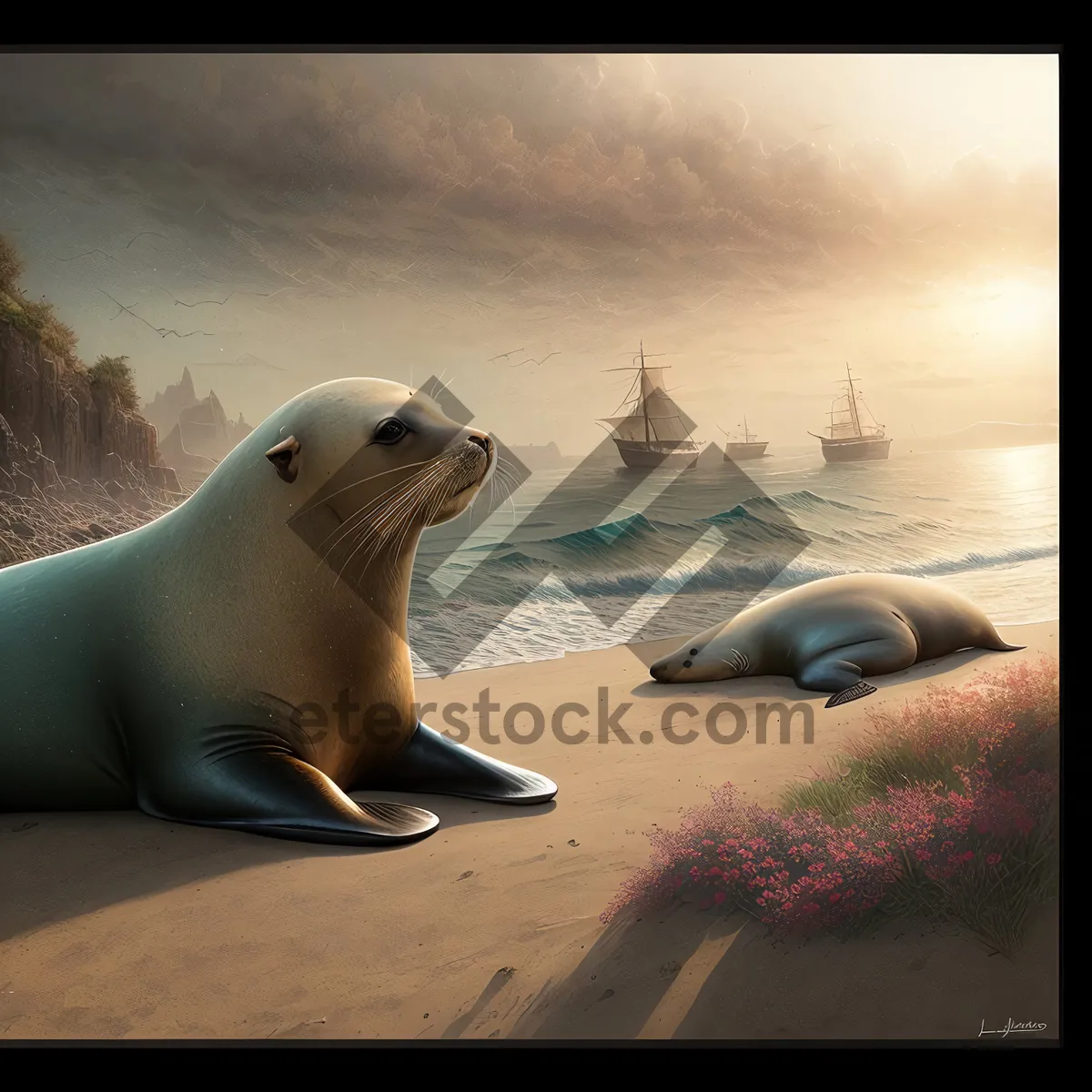 Picture of Arctic Sea Lion Resting on Sandy Beach