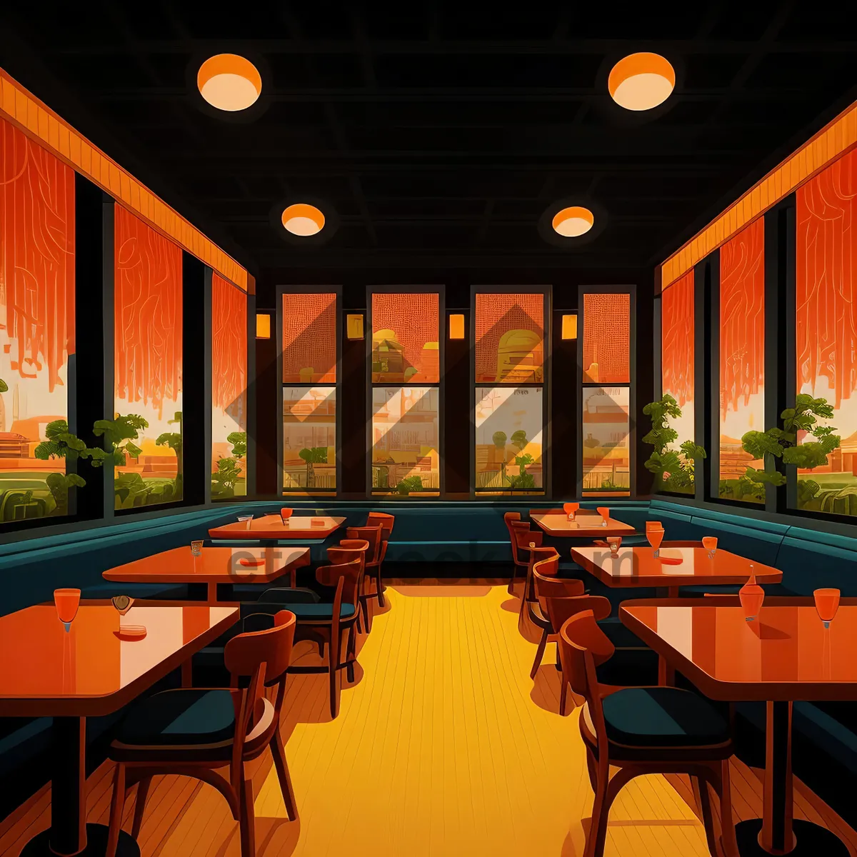 Picture of Modern luxury restaurant interior design with wooden furniture and chairs.