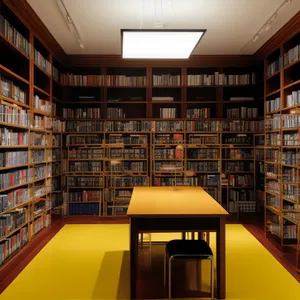 Interior library room with bookshelves and table.