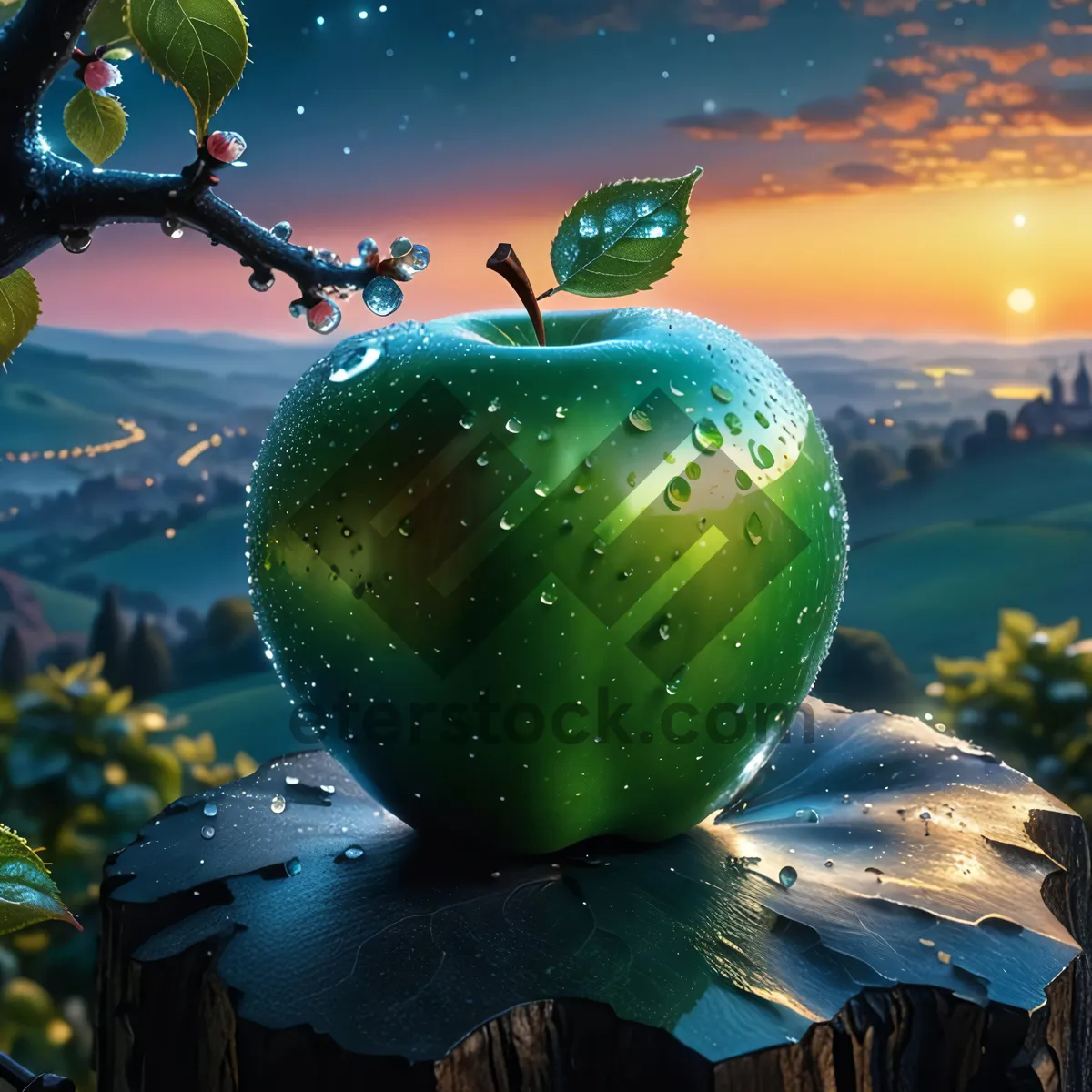 Picture of Granny Smith apple tree with holiday decorations