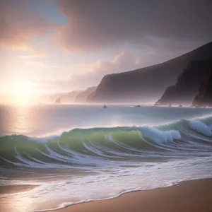 Sunset Over Sandy Beach: Serene Horizon on Water