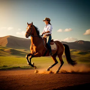 Cowboy riding stallion on ranch