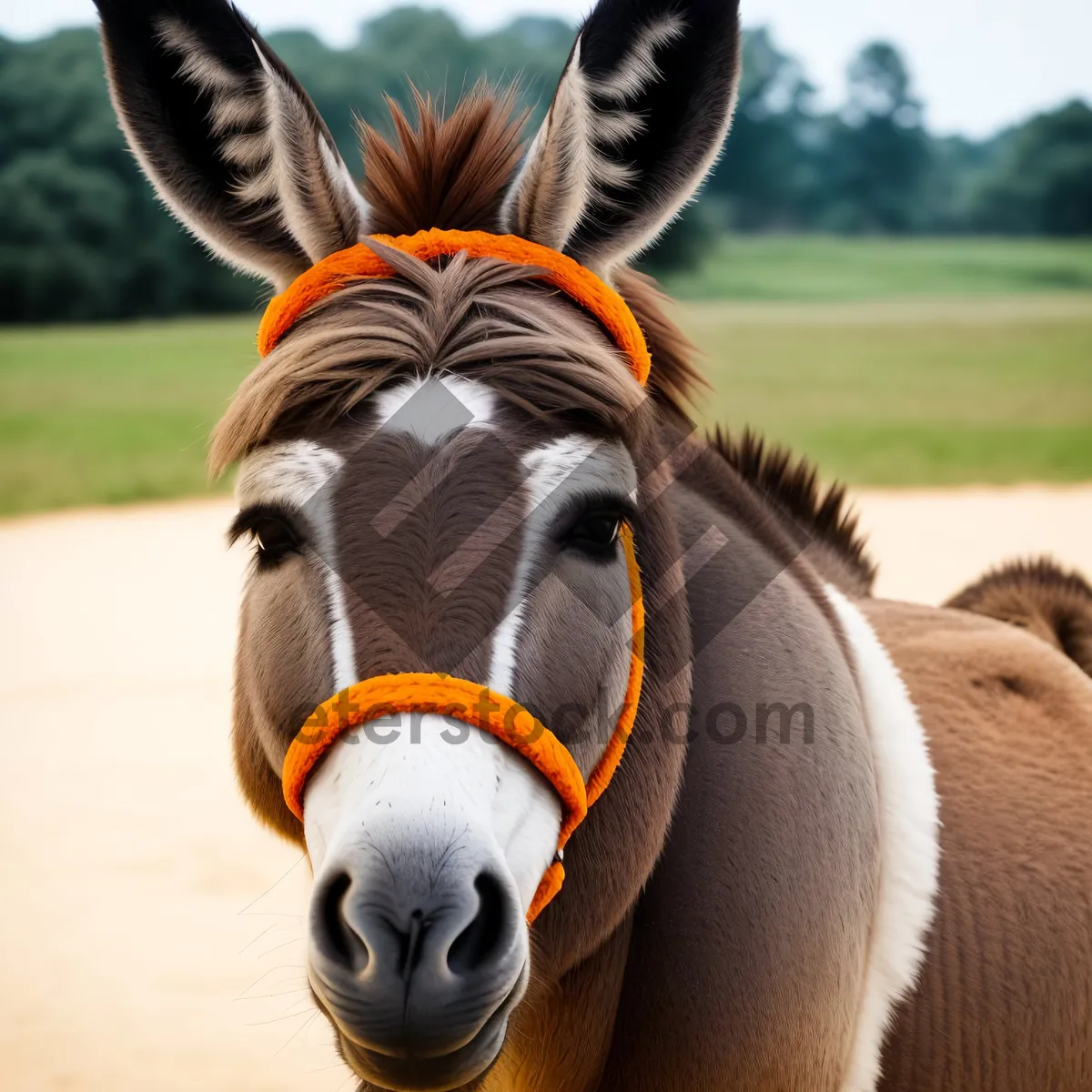 Picture of Brown Stallion Grazing in Rural Meadow