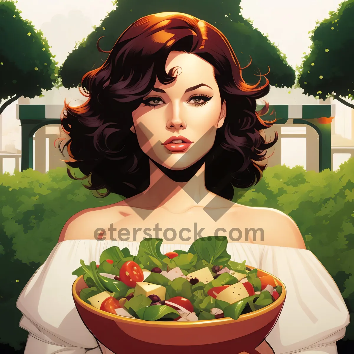 Picture of Happy woman eating nutritious fruit salad for lunch.