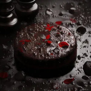 Decadent chocolate cake with mixed berry sauce swirl