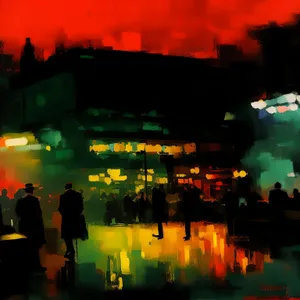 Night city lights illuminating urban building skyline