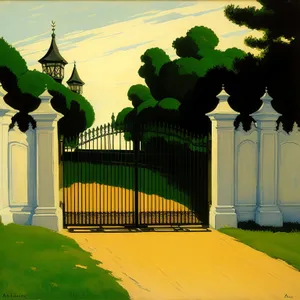 Cityscape with Picket Fence and Landmark Columns