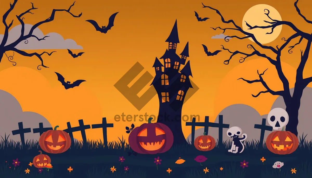 Picture of Silhouette Moon over Winter Cemetery with Pumpkin Moonlit Scene