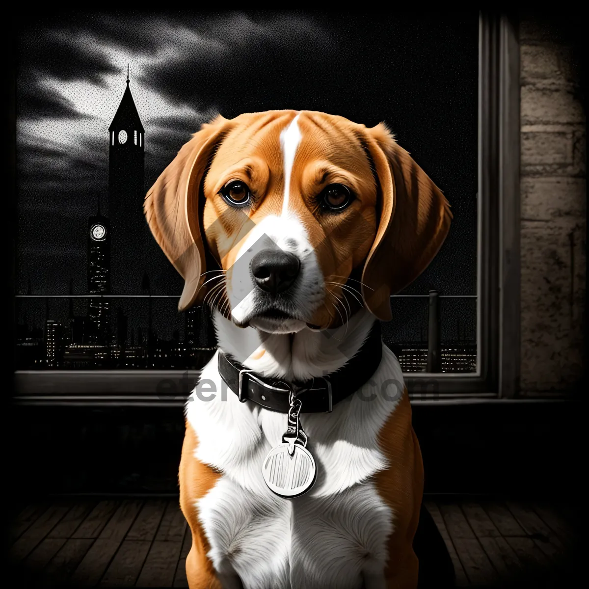 Picture of Cute Beagle Puppy Sitting in Studio with Collar