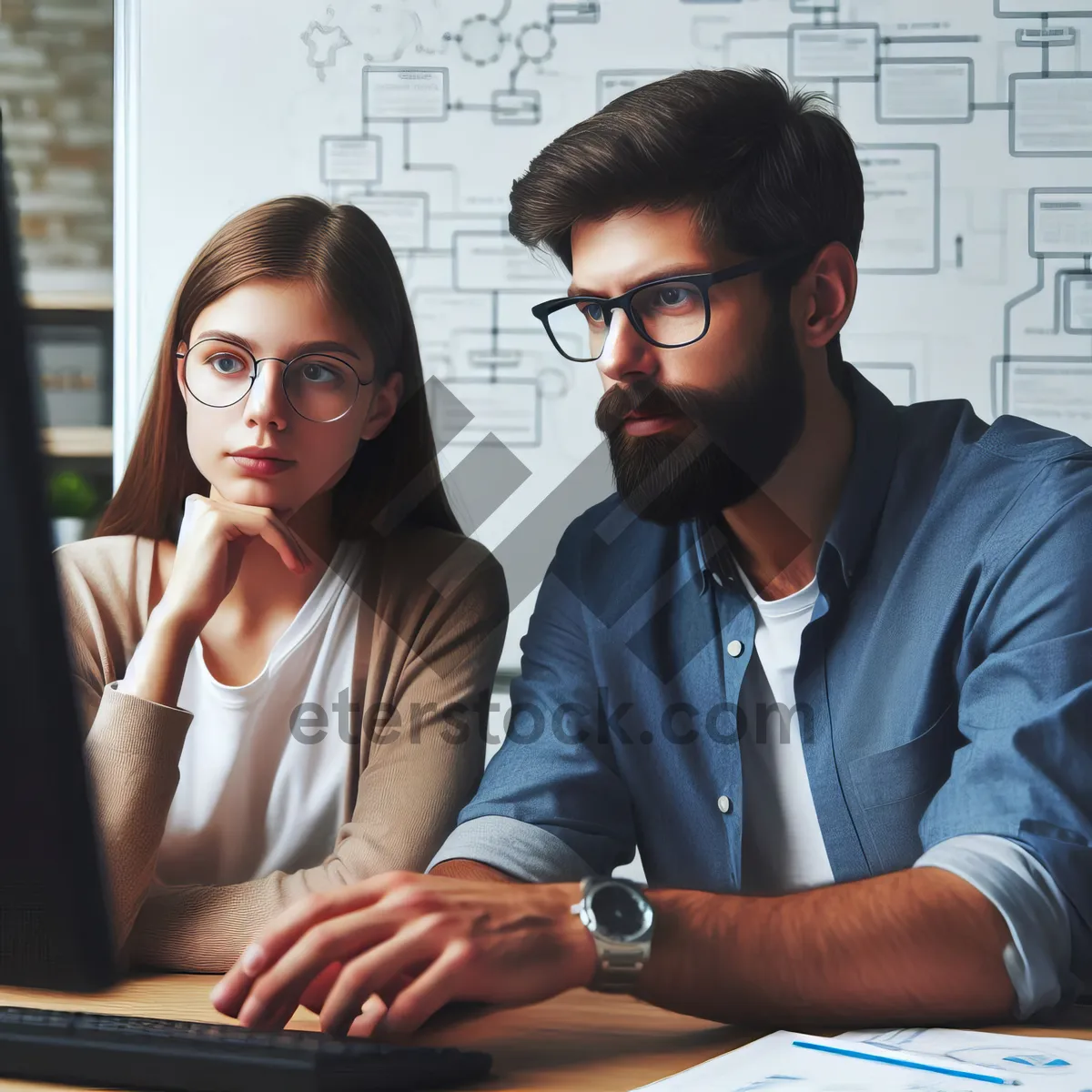 Picture of An experienced programmer teaches a younger worker how to use a specialized program. AI, Generation, Illustration.