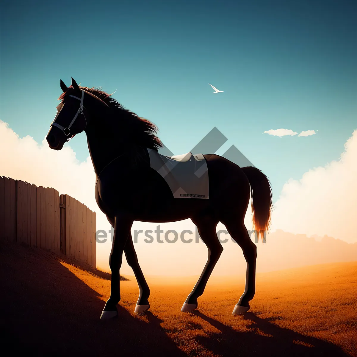 Picture of Brown horse in rural farm field grazing peacefully.