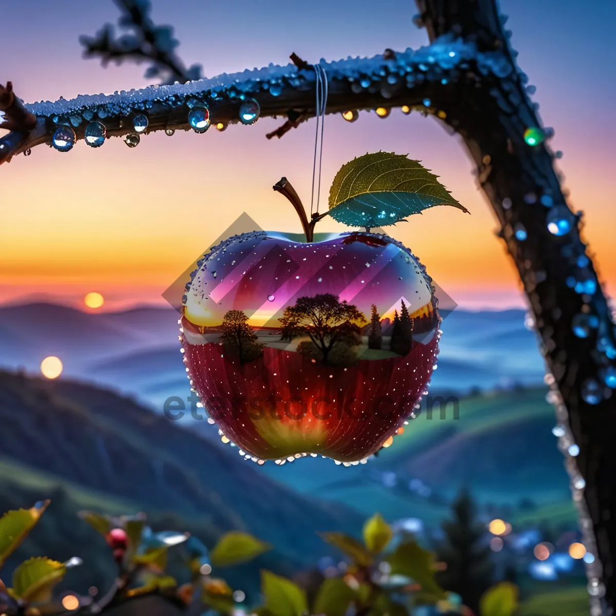 Picture of Festive Apple Tree Decoration with Shiny Ornaments.