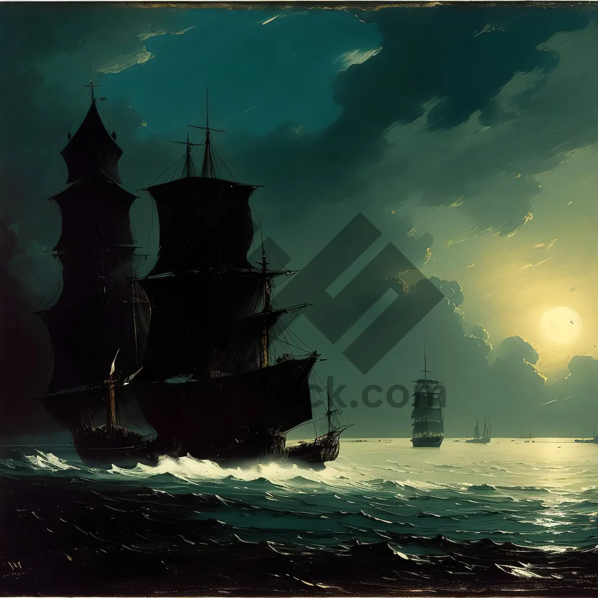 Picture of Pirate Ship Sailing at Sunset Near Ancient Tower